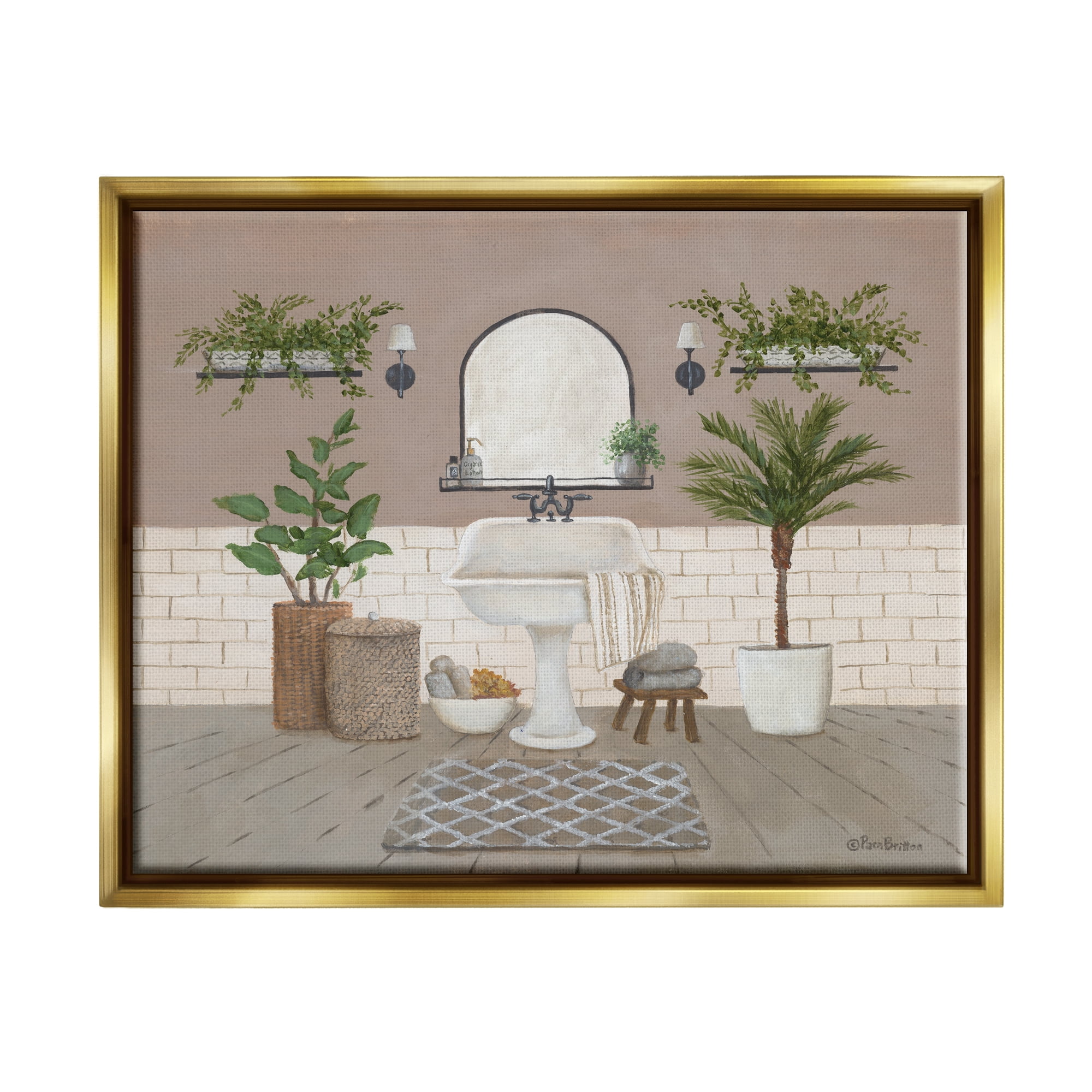 Stupell Cozy Bathroom Greenery Plants Botanical & Floral Painting Gold Floater Framed Art Print Wall Art
