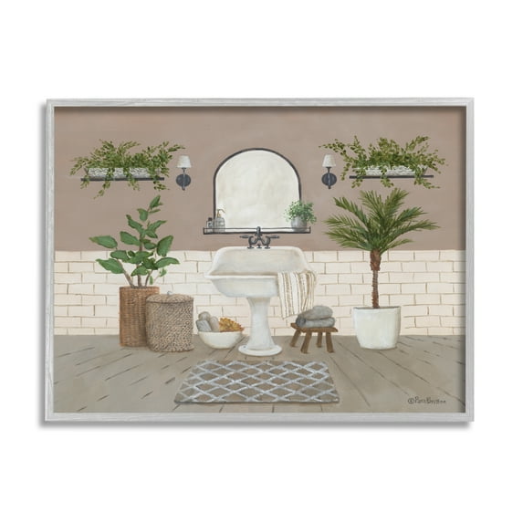 Stupell Cozy Bathroom Greenery Plants Botanical & Floral Painting Gray Framed Art Print Wall Art