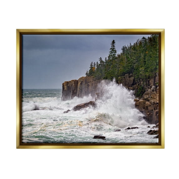 Stupell Crashing Ocean Waves Cliff Wall Landscape Photography Gold Floater Framed Art Print Wall Art