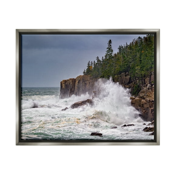 Stupell Crashing Ocean Waves Cliff Wall Landscape Photography Gray Floater Framed Art Print Wall Art
