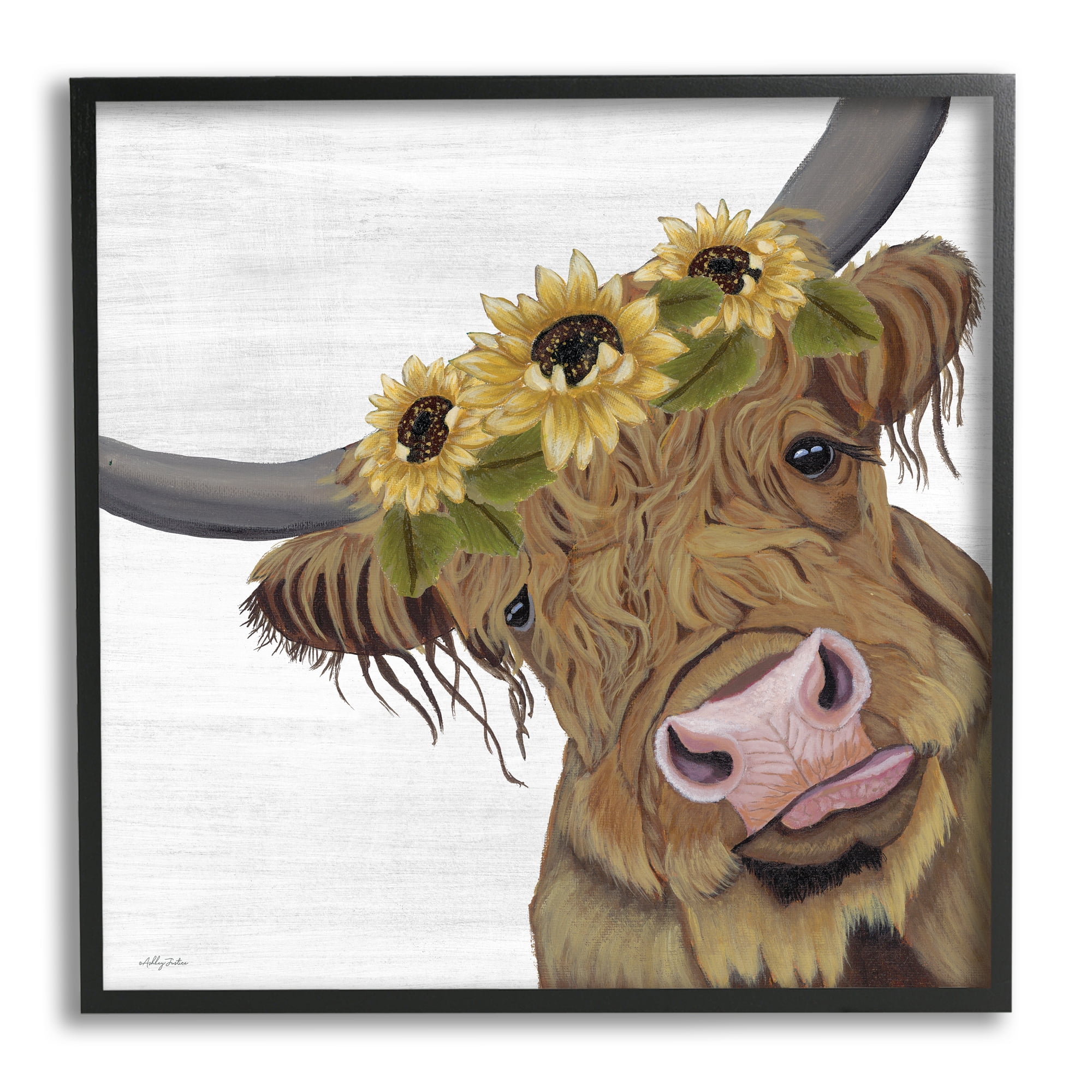 Stupell Cute Highland Cattle Sunflower Crown Animals & Insects Painting Black Framed Art Print Wall Art