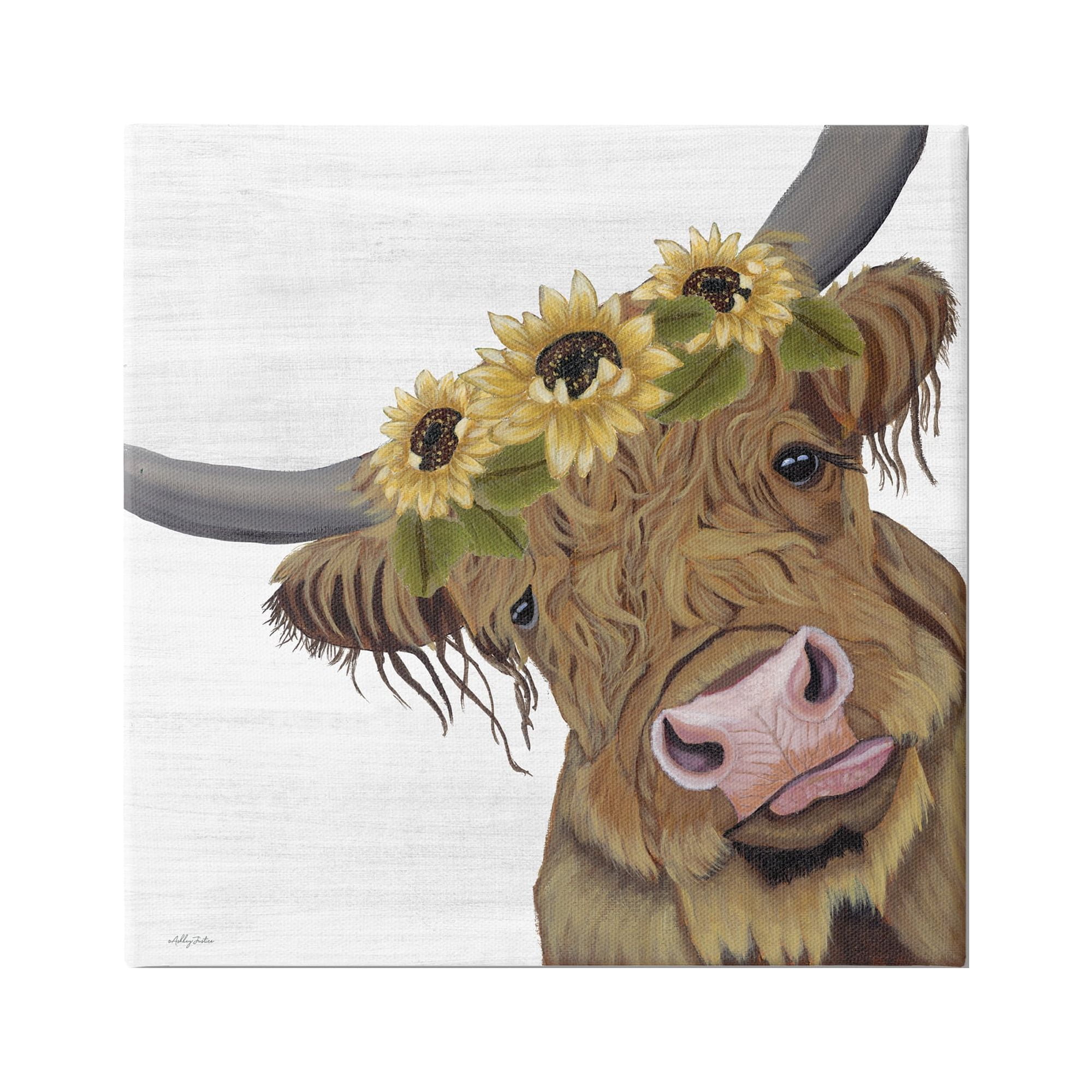 Stupell Cute Highland Cattle Sunflower Crown Animals & Insects Painting Gallery Wrapped Canvas Print Wall Art