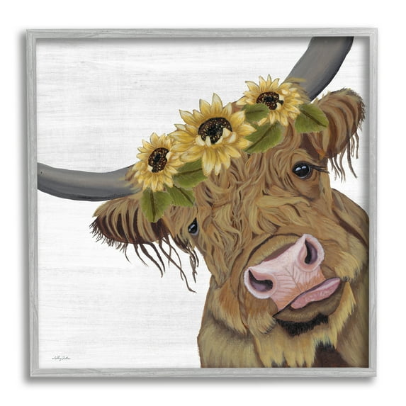 Stupell Cute Highland Cattle Sunflower Crown Animals & Insects Painting Gray Framed Art Print Wall Art