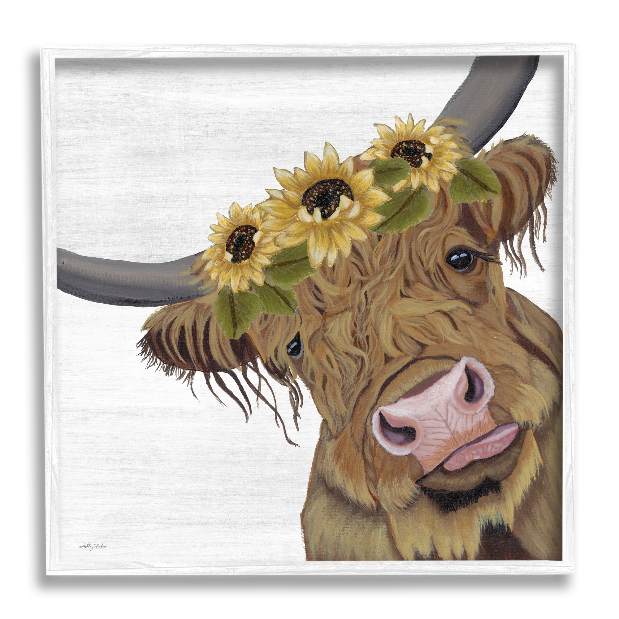 Stupell Cute Highland Cattle Sunflower Crown Animals & Insects Painting White Framed Art Print Wall Art
