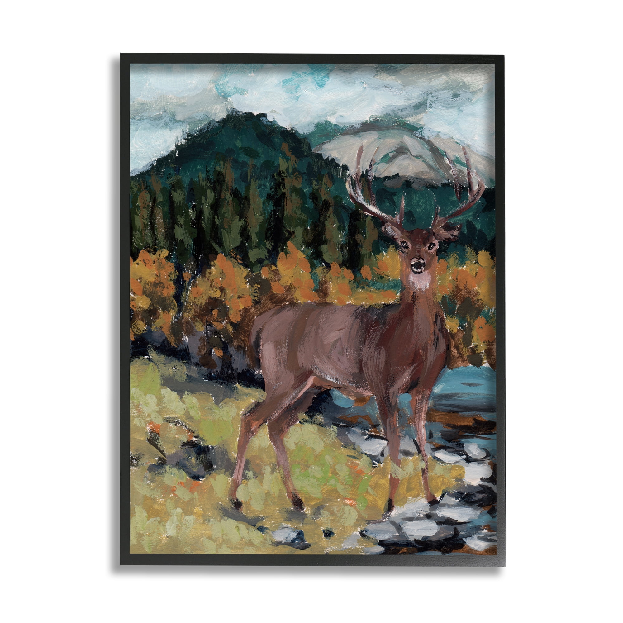 Stupell Deer Wildlife River Landscape Animals & Insects Painting Black Framed Art Print Wall Art