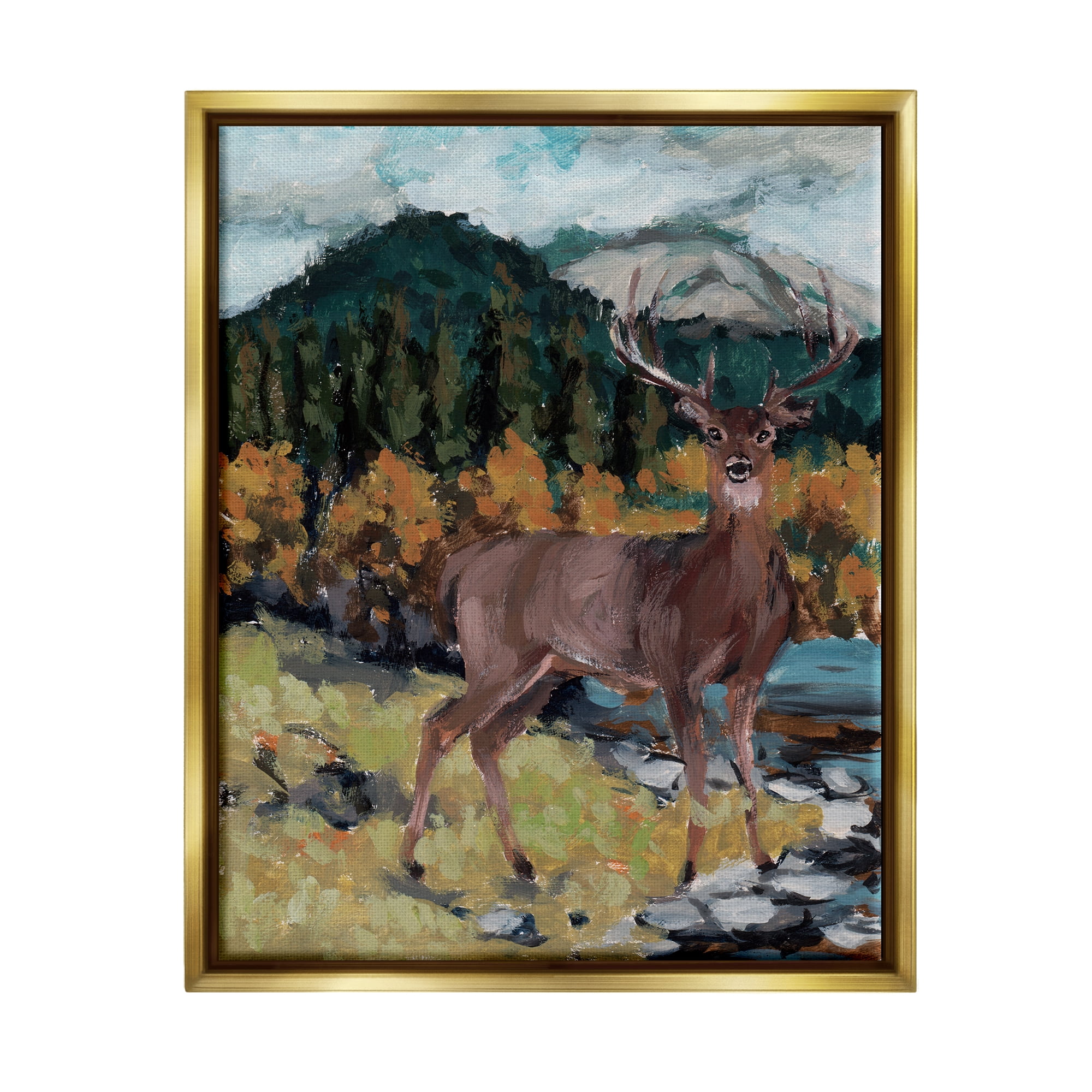 Stupell Deer Wildlife River Landscape Animals & Insects Painting Gold Floater Framed Art Print Wall Art