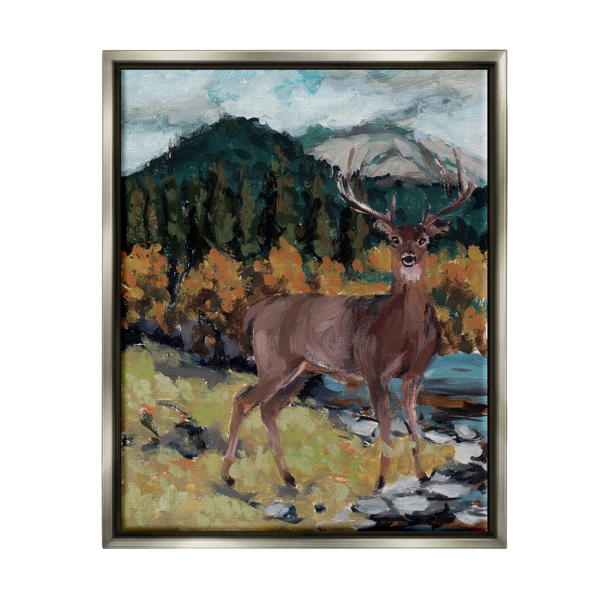 Stupell Deer Wildlife River Landscape Animals & Insects Painting Gray Floater Framed Art Print Wall Art