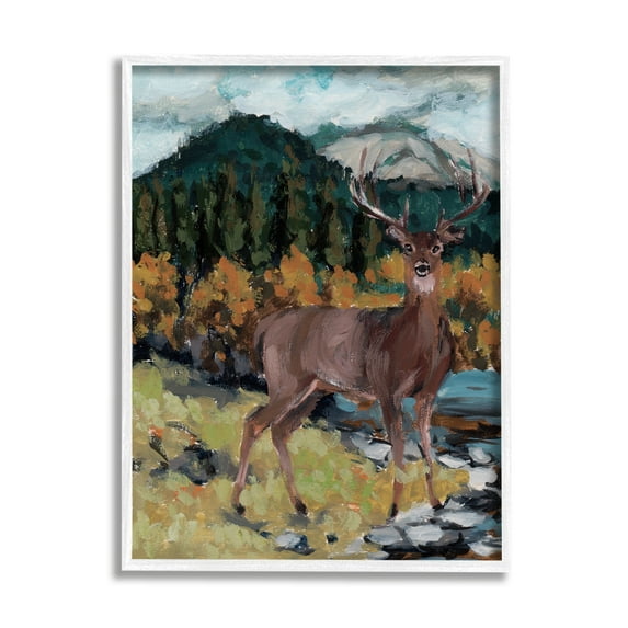 Stupell Deer Wildlife River Landscape Animals & Insects Painting White Framed Art Print Wall Art