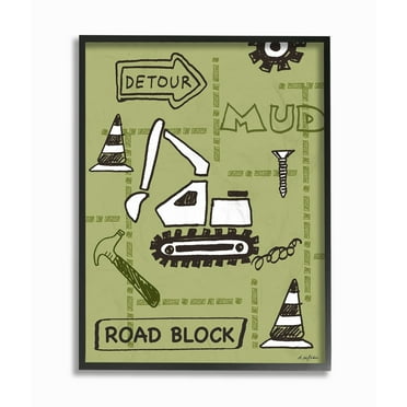 Stupell  Detour Green Bulldozer Road Block Construction Zone Framed Art, 11 x 14, Proudly Made in USA - Multi-Color 24 x 30