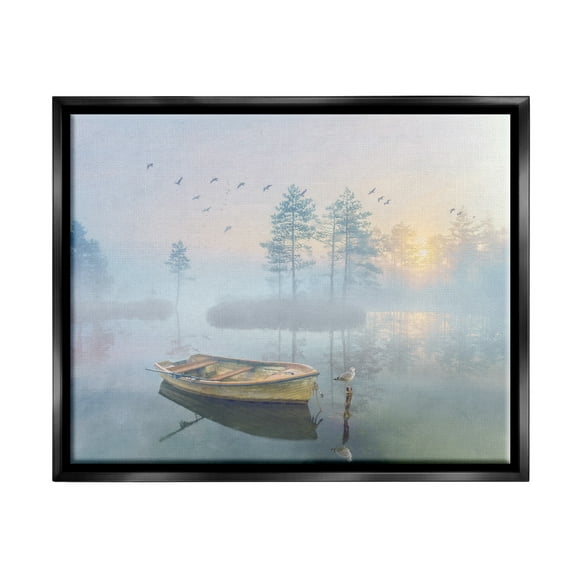Stupell Dinghy Boat Foggy Pond Reflection Landscape Painting Black Floater Framed Art Print Wall Art