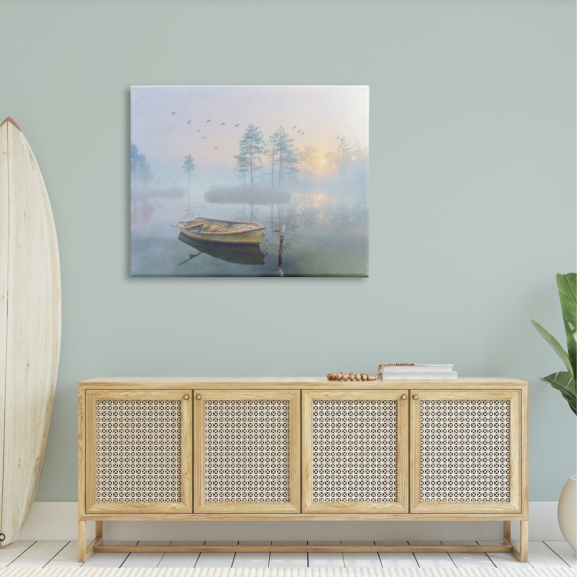 Stupell Dinghy Boat Foggy Pond Reflection Landscape Painting Gallery Wrapped Canvas Print Wall Art