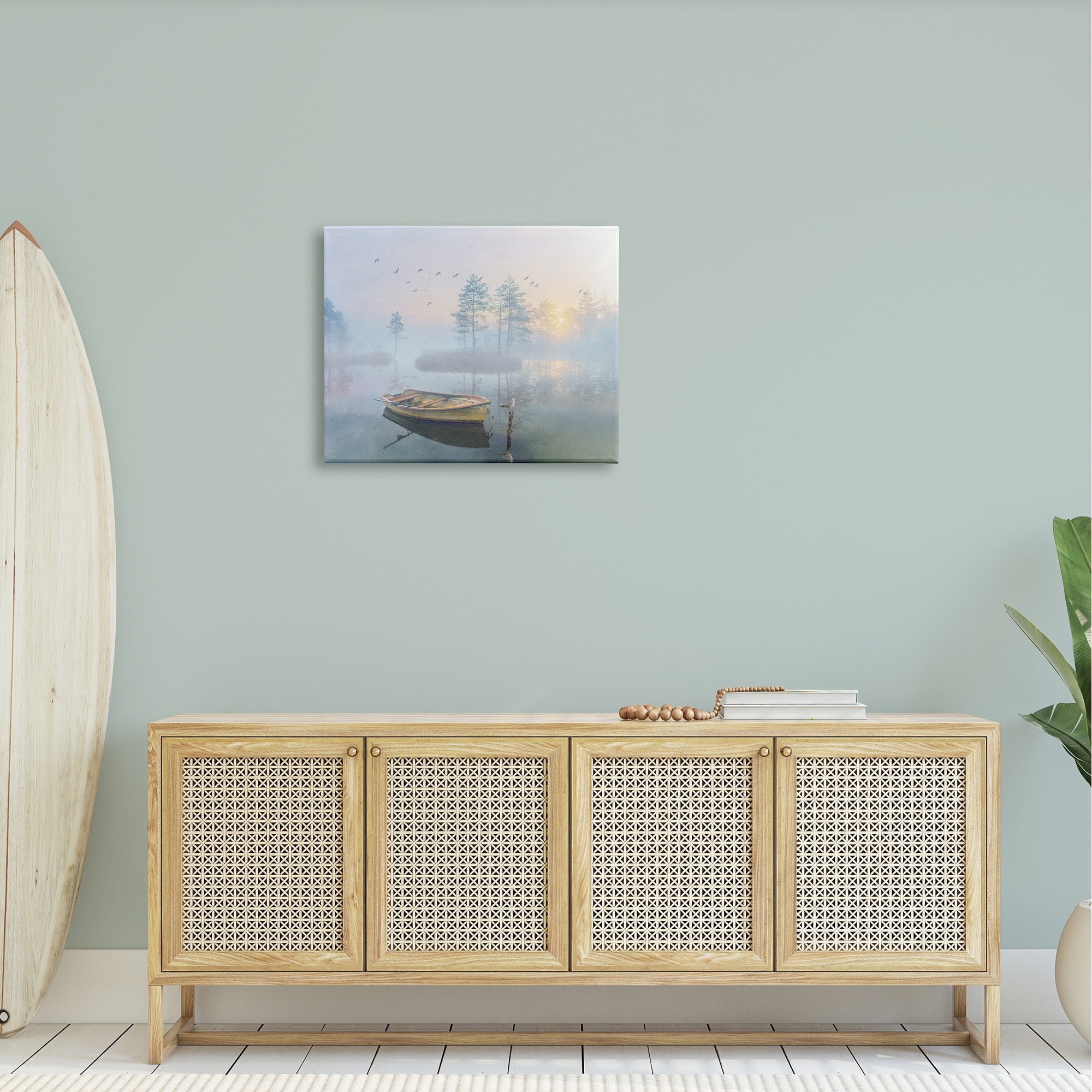 Stupell Dinghy Boat Foggy Pond Reflection Landscape Painting Gallery Wrapped Canvas Print Wall Art