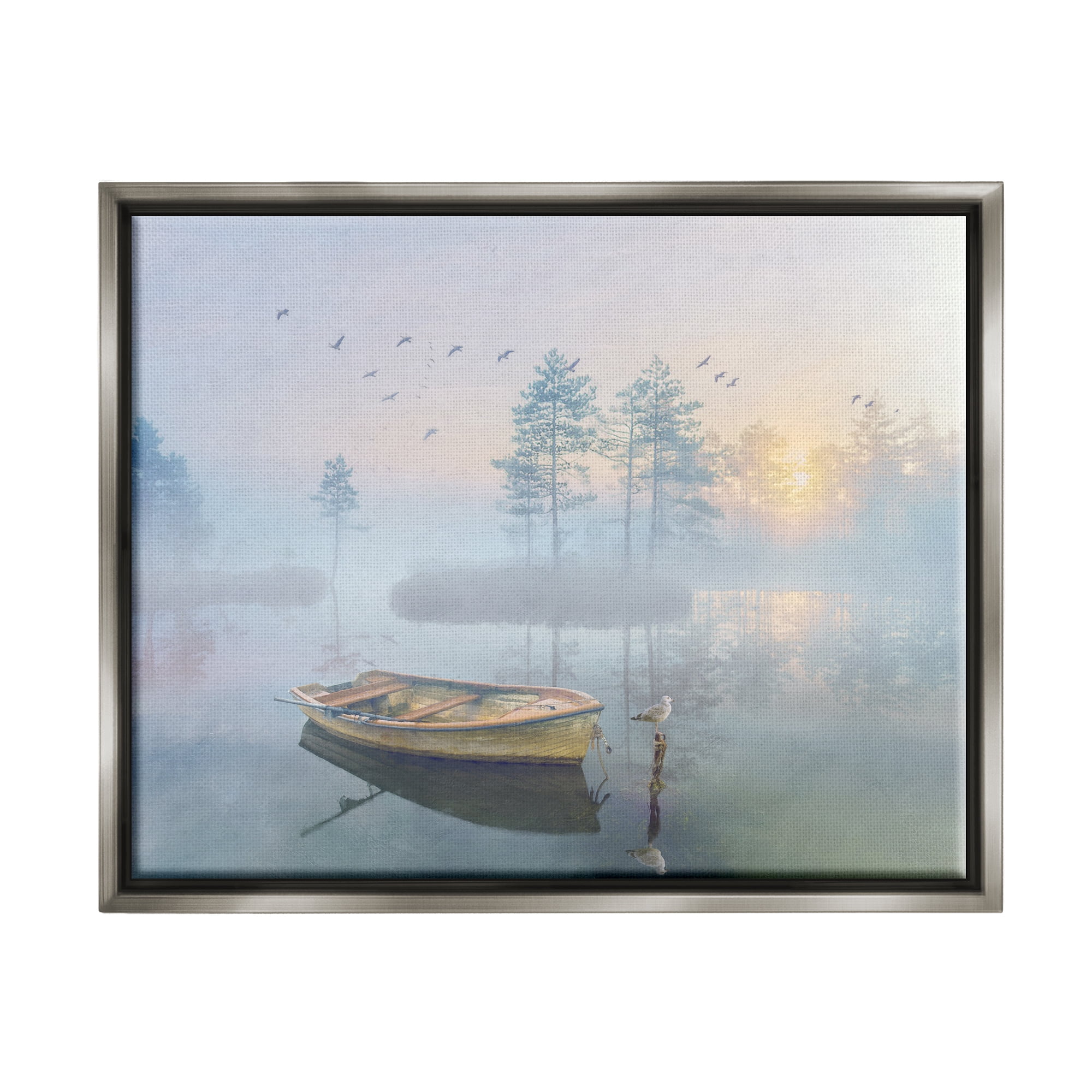 Stupell Dinghy Boat Foggy Pond Reflection Landscape Painting Gray Floater Framed Art Print Wall Art
