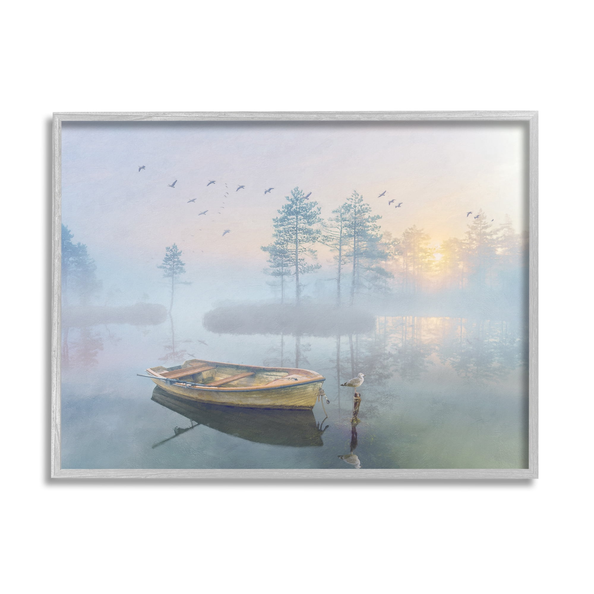 Stupell Dinghy Boat Foggy Pond Reflection Landscape Painting Gray Framed Art Print Wall Art