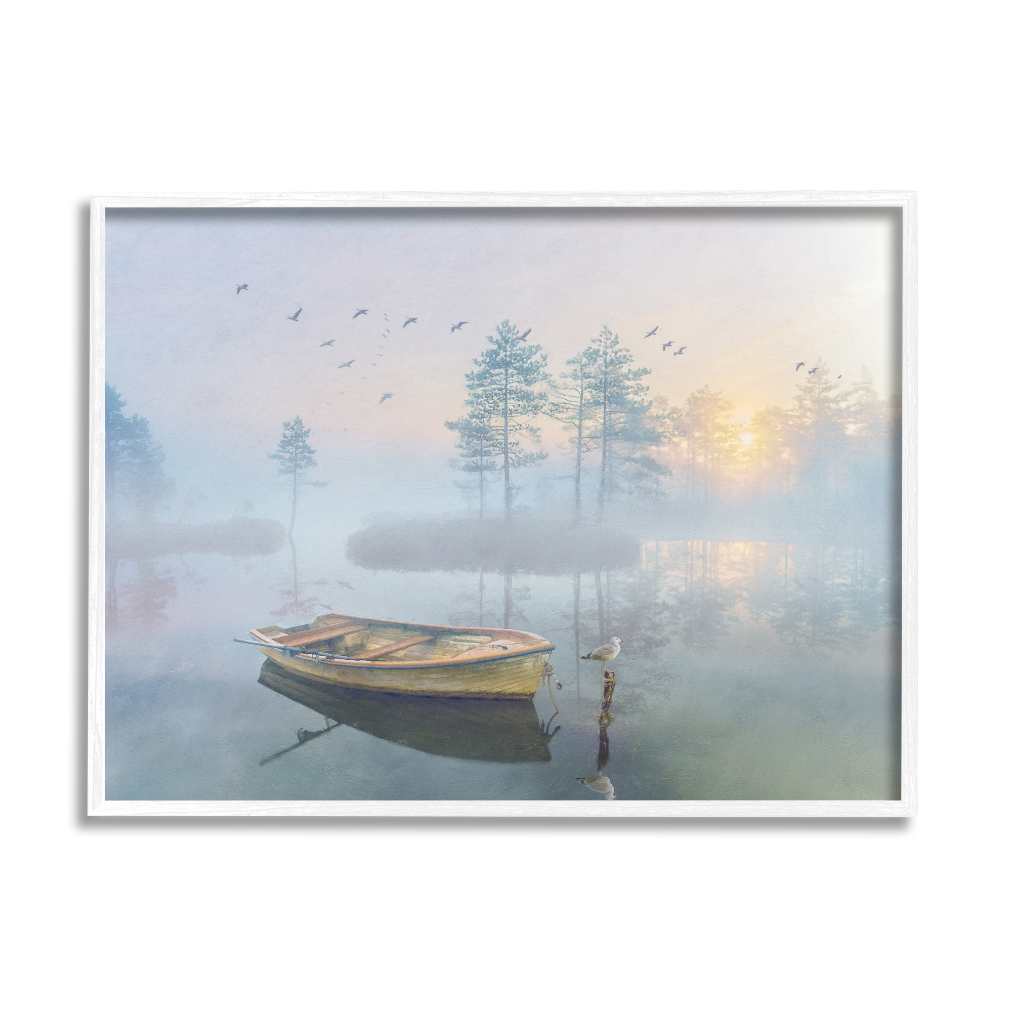 Stupell Dinghy Boat Foggy Pond Reflection Landscape Painting White Framed Art Print Wall Art
