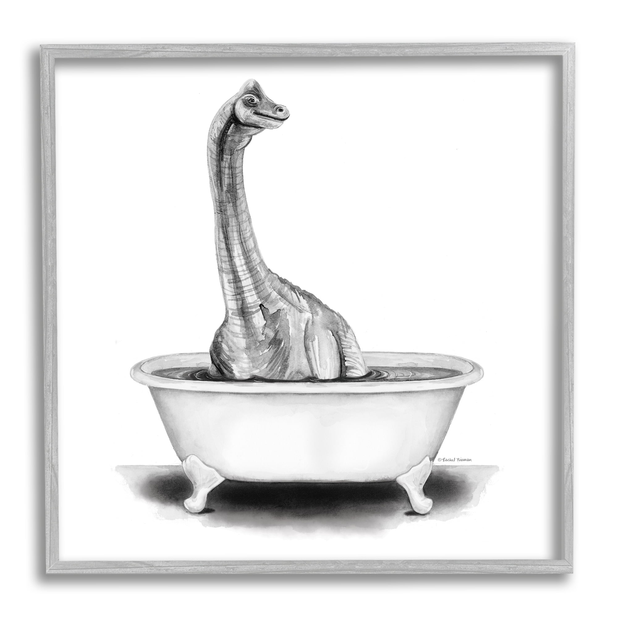 Stupell Dinosaur Vintage Bathroom Tub Animals & Insects Painting Gray Framed Art Print Wall Art