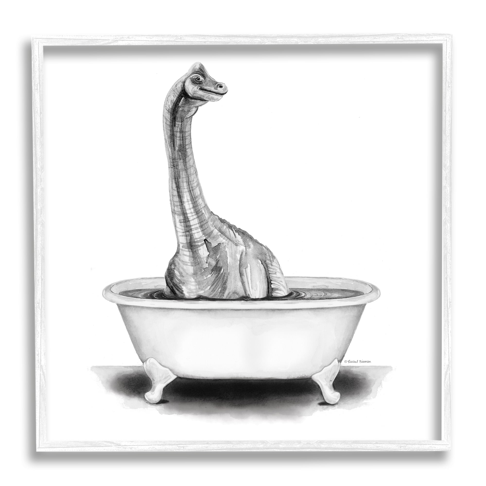 Stupell Dinosaur Vintage Bathroom Tub Animals & Insects Painting White Framed Art Print Wall Art