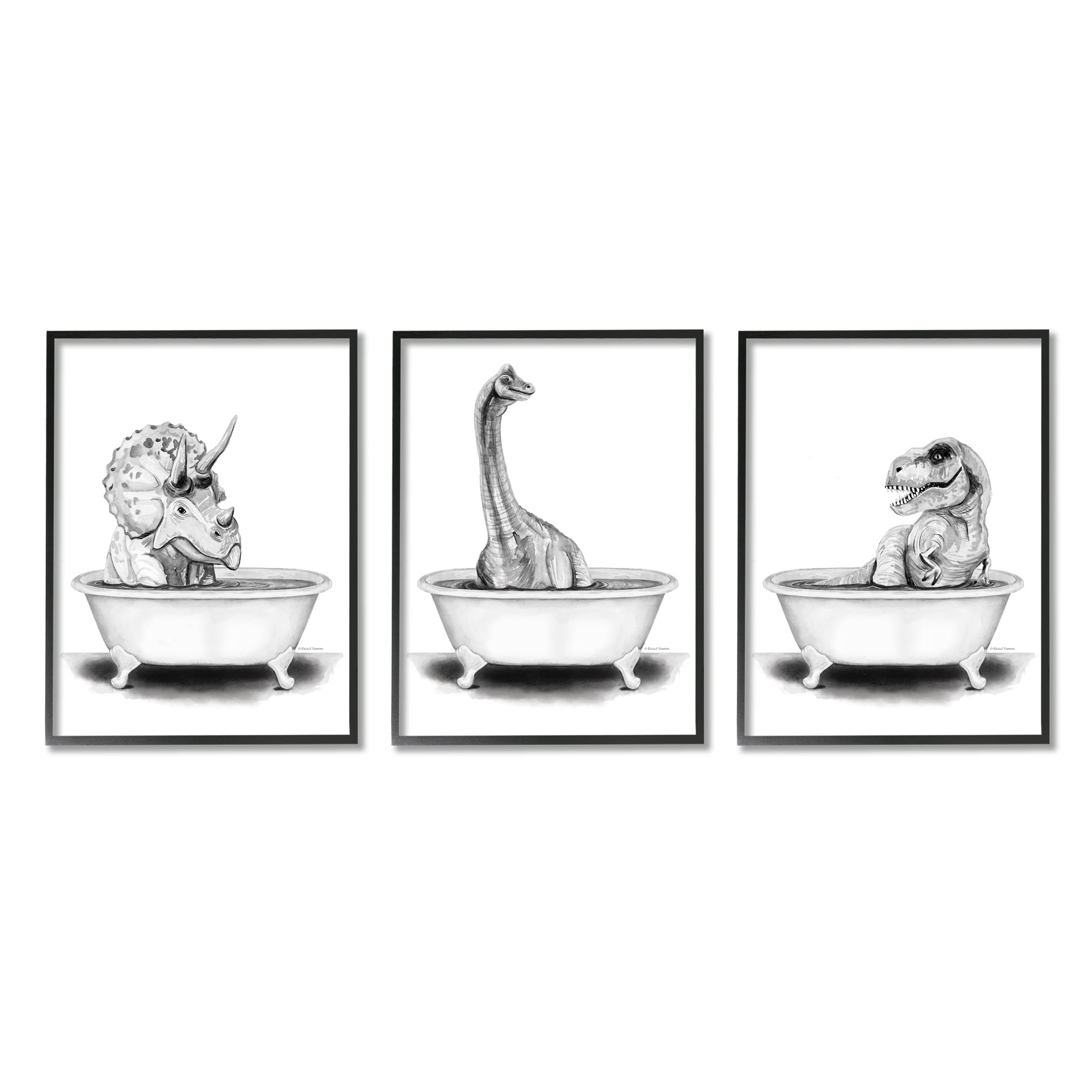 Stupell Dinosaurs Bathing Bathroom Tub Animals & Insects Painting Black Framed Art Print Wall Art, Set of 3