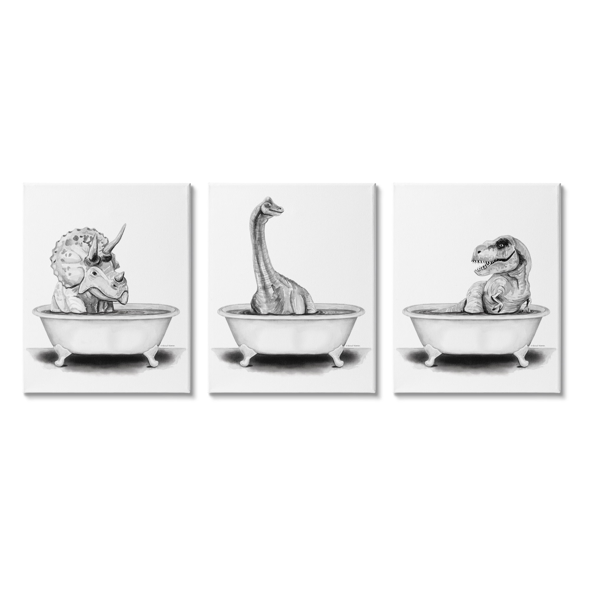 Stupell Dinosaurs Bathing Bathroom Tub Animals & Insects Painting Gallery Wrapped Canvas Print Wall Art, Set of 3