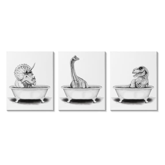 Stupell Dinosaurs Bathing Bathroom Tub Animals & Insects Painting Gallery Wrapped Canvas Print Wall Art, Set of 3