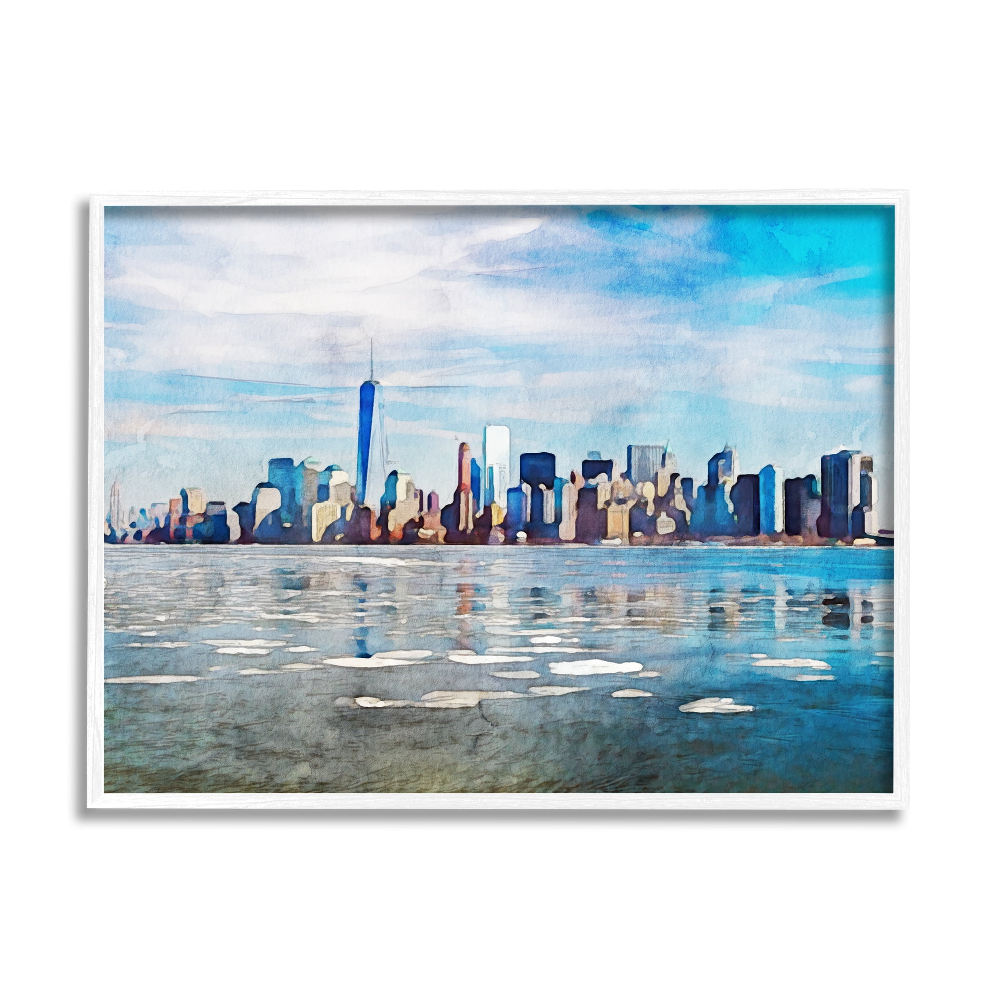 Stupell Distant New York City Skyline Buildings Travel & Places Painting White Framed Art Print Wall Art