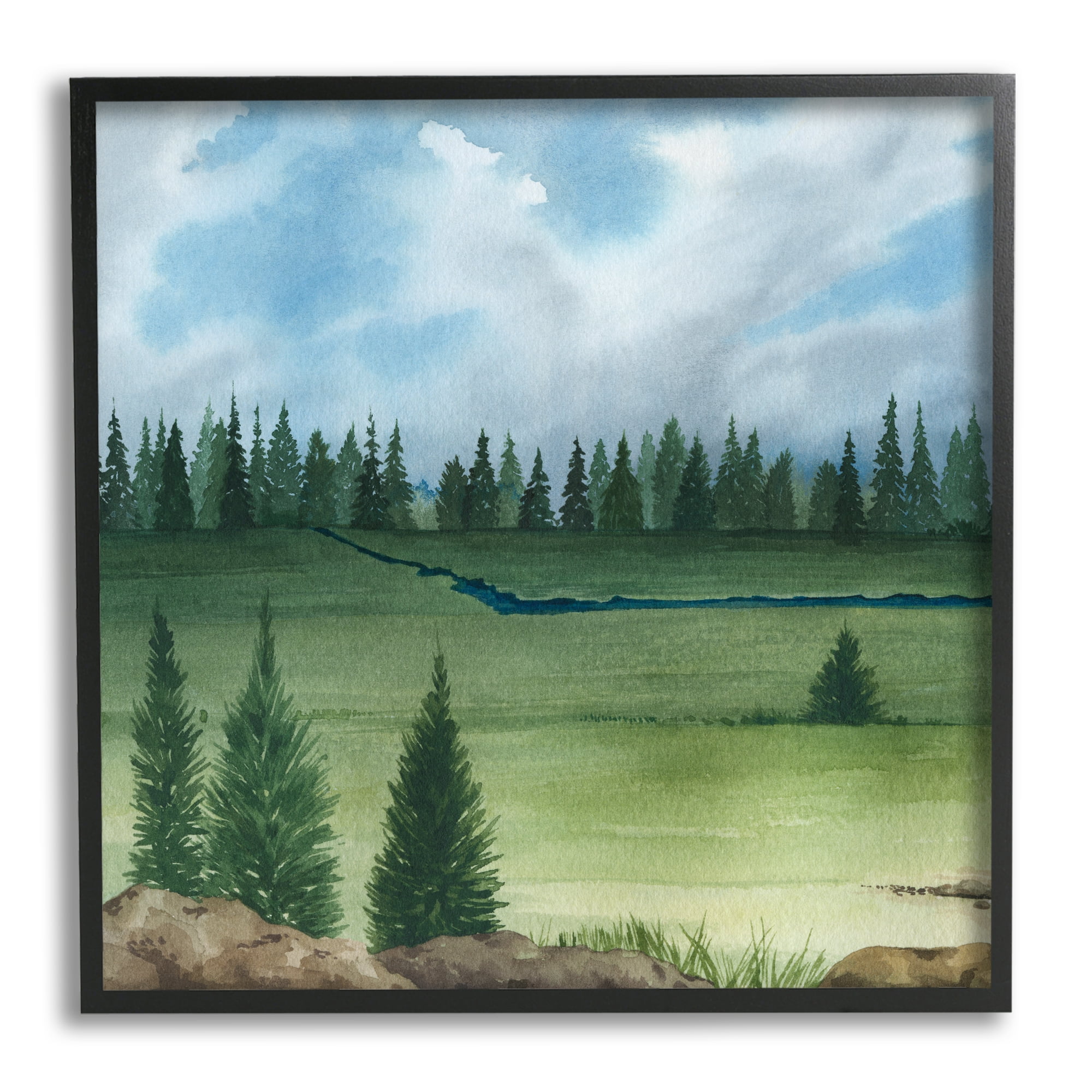Stupell Distant Stream Grassland Trees Landscape Painting Black Framed Art Print Wall Art