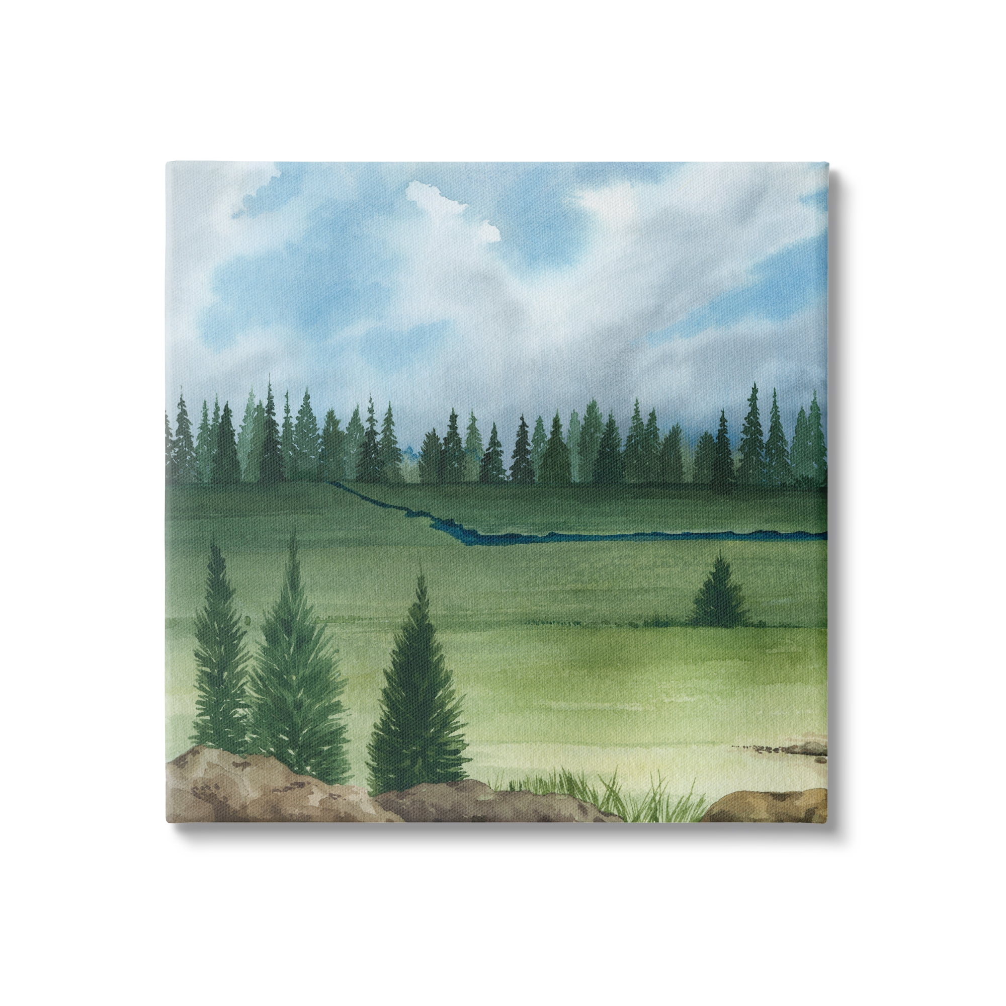 Stupell Distant Stream Grassland Trees Landscape Painting Gallery Wrapped Canvas Print Wall Art
