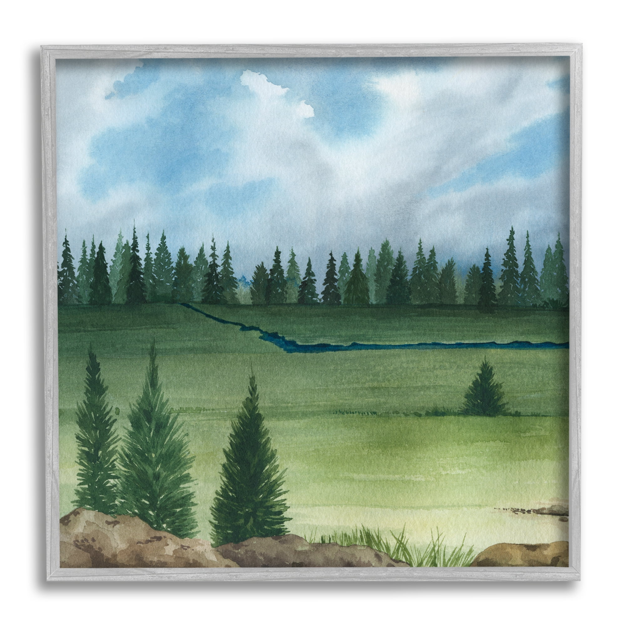 Stupell Distant Stream Grassland Trees Landscape Painting Gray Framed Art Print Wall Art