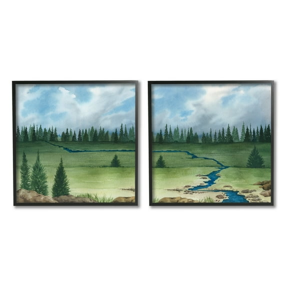 Stupell Distant Stream Trees Nature Landscape Landscape Painting Black Framed Art Print Wall Art, Set of 2