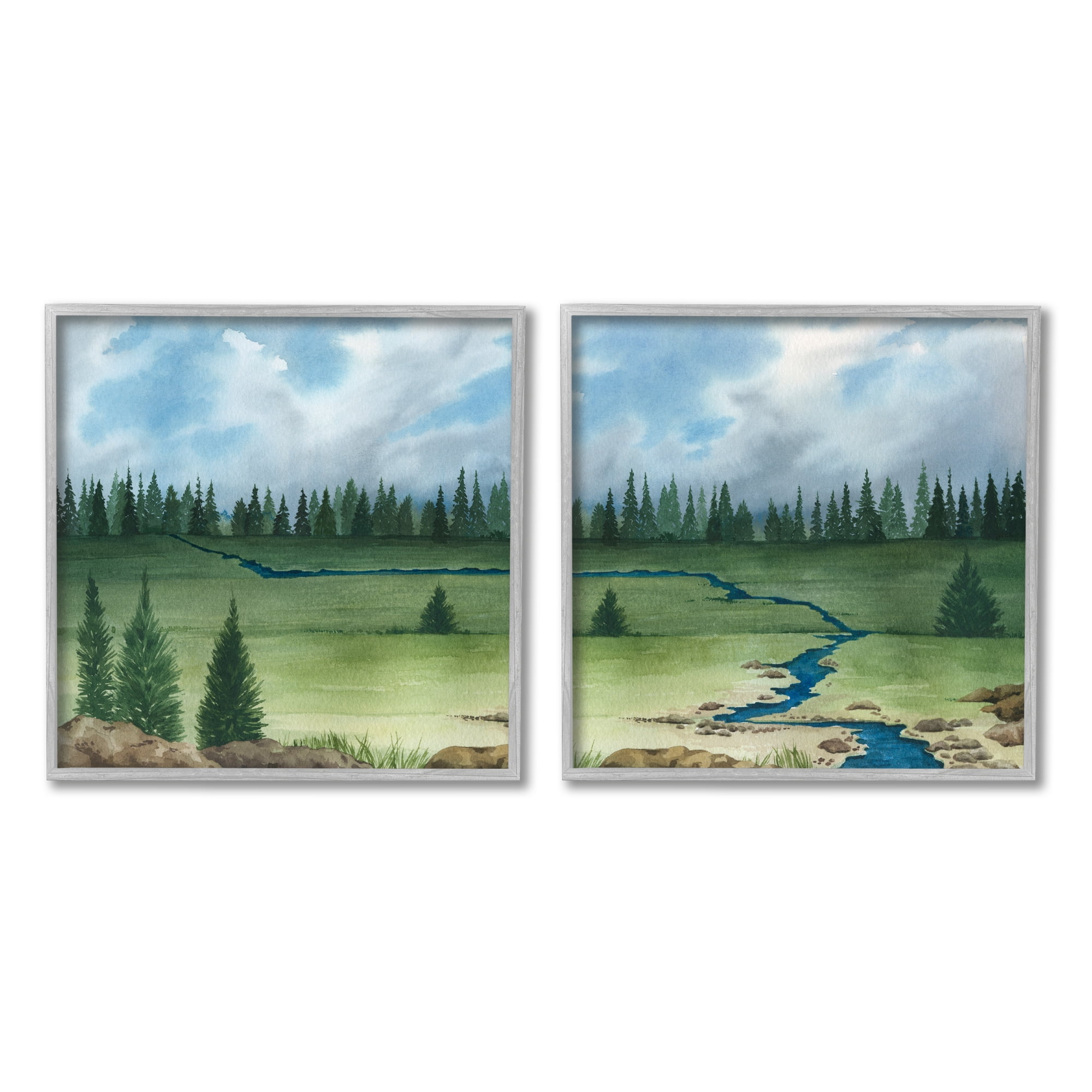 Stupell Distant Stream Trees Nature Landscape Landscape Painting Gray Framed Art Print Wall Art, Set of 2
