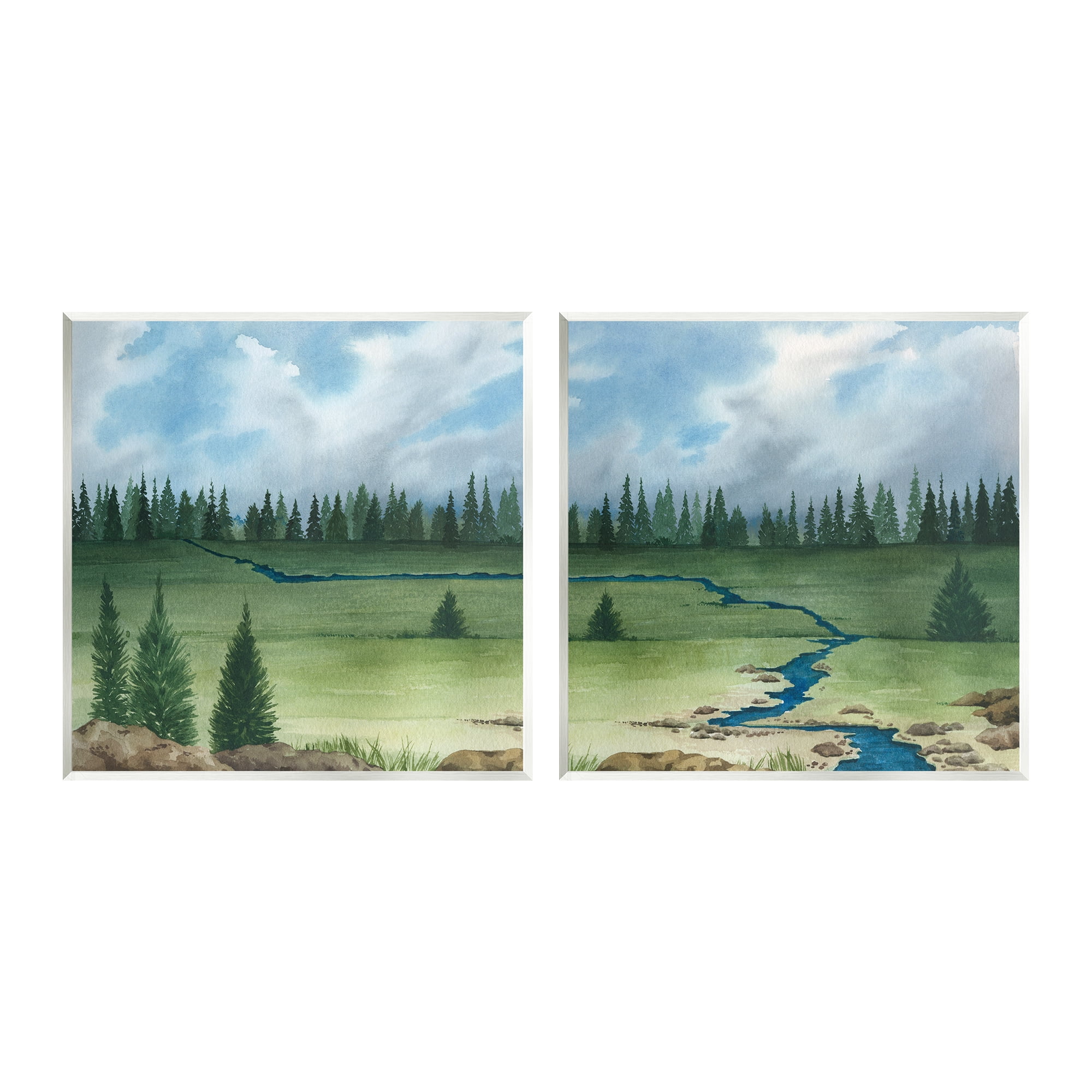 Stupell Distant Stream Trees Nature Landscape Landscape Painting Wall Plaque Unframed Art Print Wall Art, Set of 2