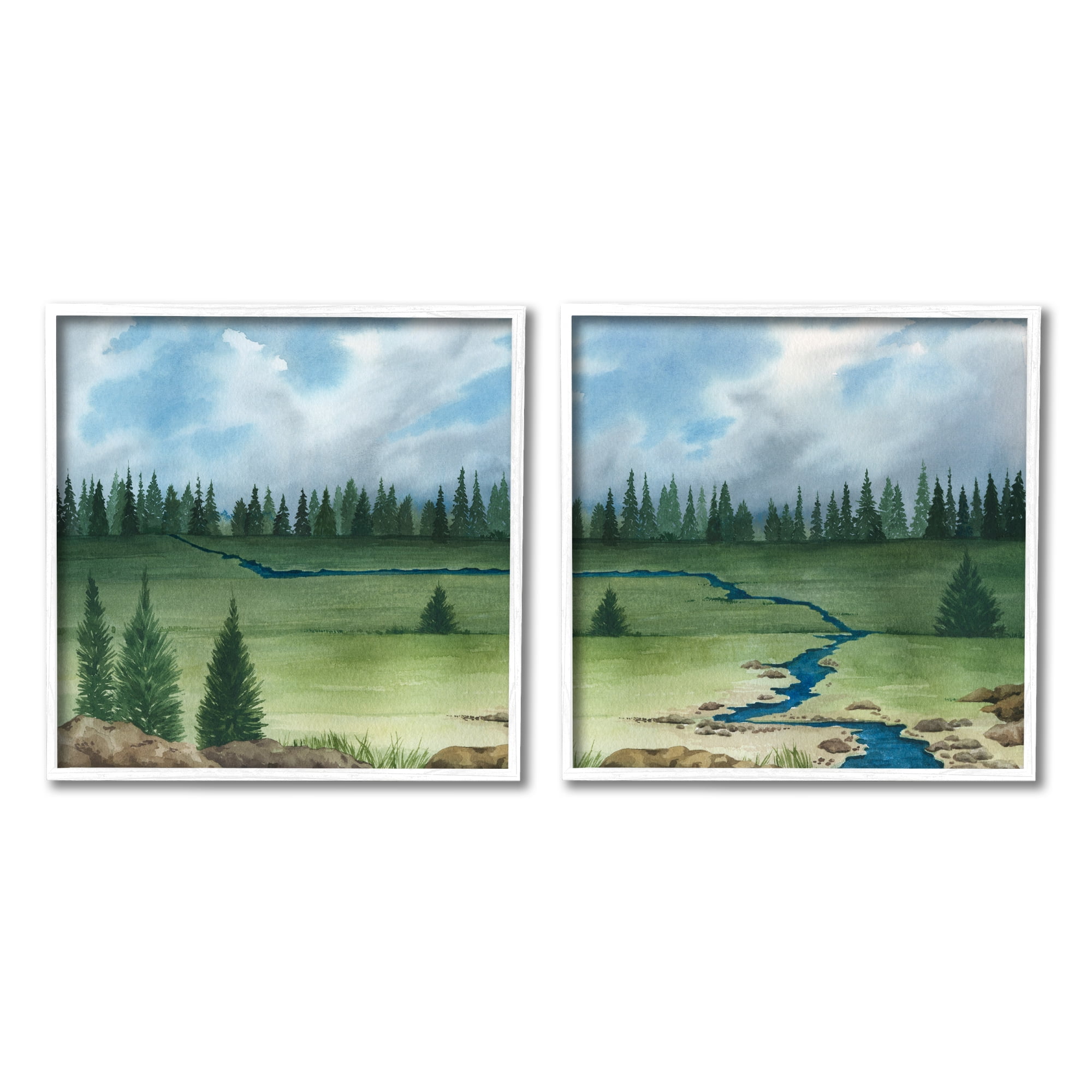 Stupell Distant Stream Trees Nature Landscape Landscape Painting White Framed Art Print Wall Art, Set of 2