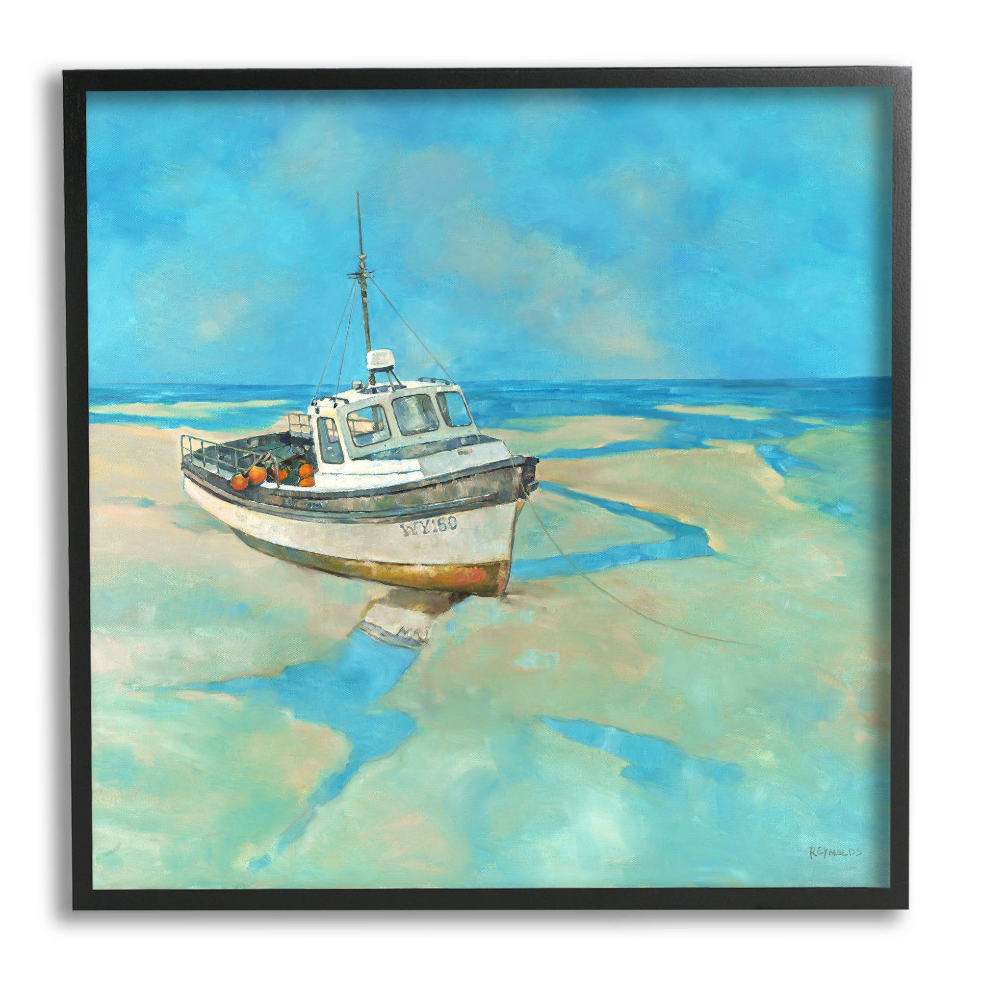 Stupell Docked Boat Low Tide Shore Landscape Painting Black Framed Art Print Wall Art
