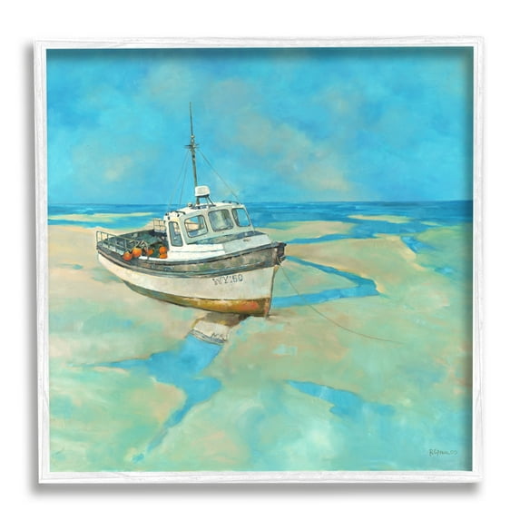 Stupell Docked Boat Low Tide Shore Landscape Painting White Framed Art Print Wall Art