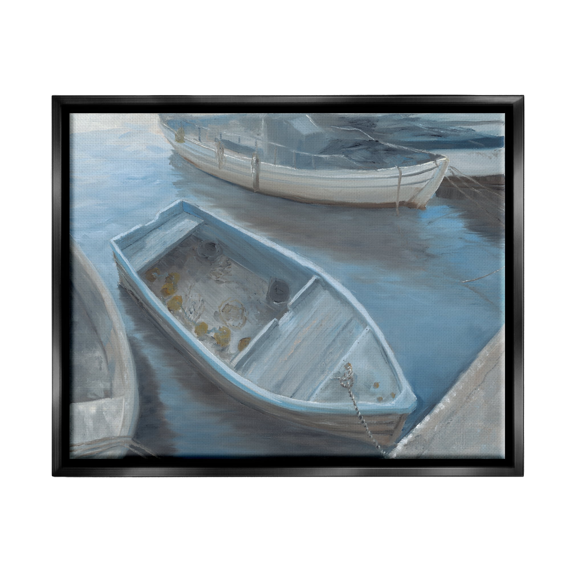 Stupell Docked Dinghy Boat Coastal Pier Landscape Painting Black Floater Framed Art Print Wall Art