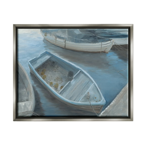 Stupell Docked Dinghy Boat Coastal Pier Landscape Painting Gray Floater Framed Art Print Wall Art