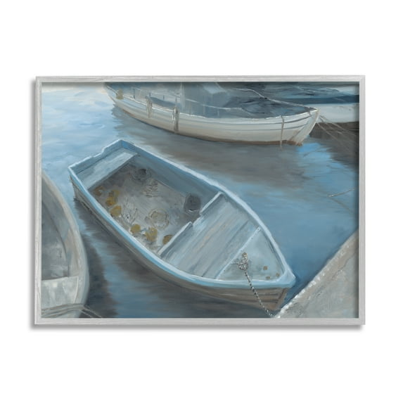 Stupell Docked Dinghy Boat Coastal Pier Landscape Painting Gray Framed Art Print Wall Art