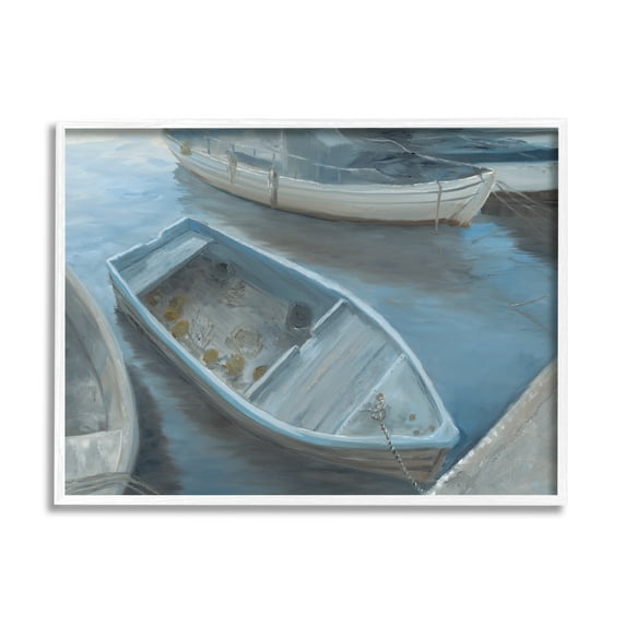 Stupell Docked Dinghy Boat Coastal Pier Landscape Painting White Framed Art Print Wall Art