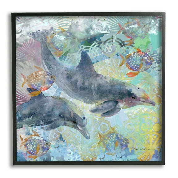 Stupell Dolphins & Fish Aquatic Fractals Landscape Painting Black Framed Art Print Wall Art