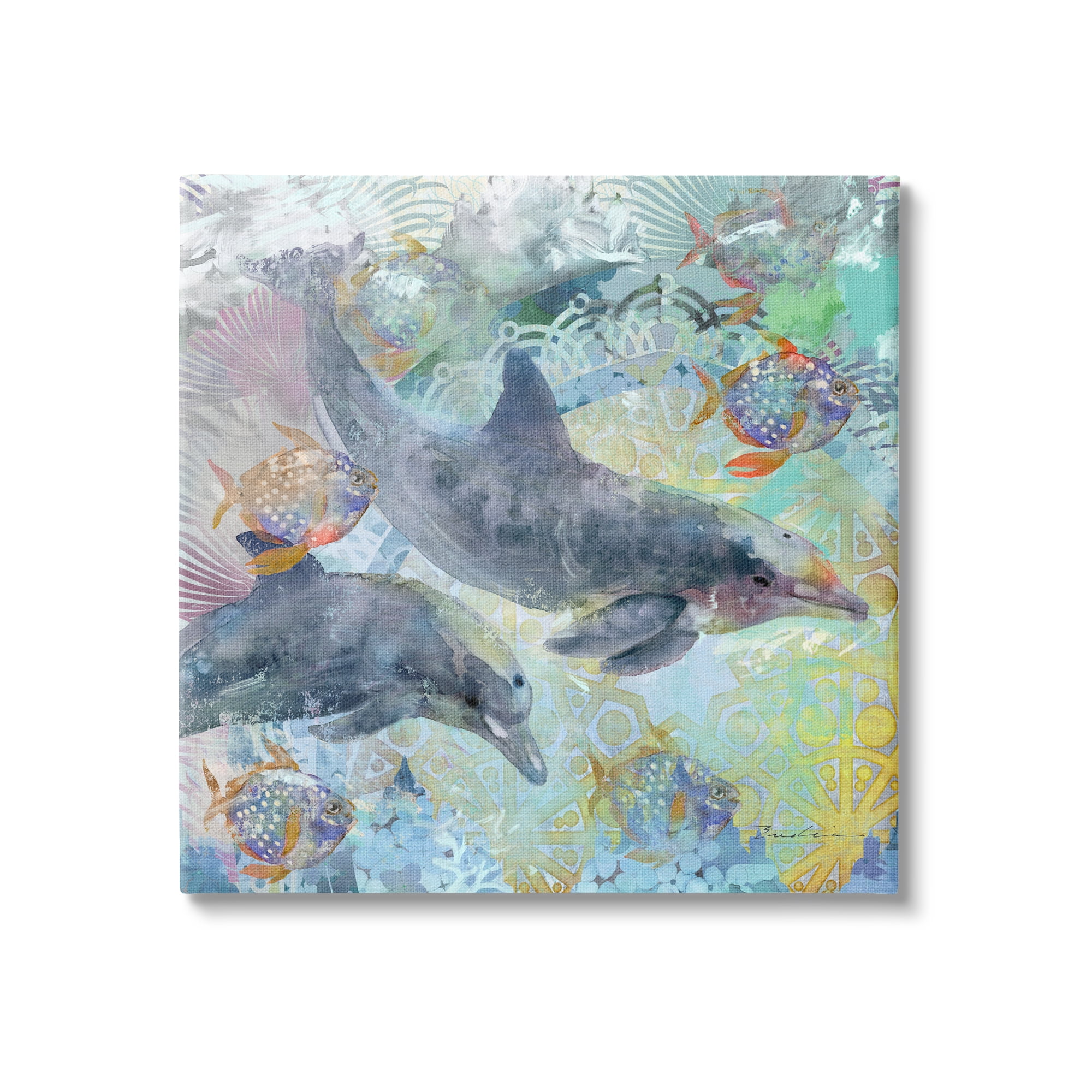 Stupell Dolphins & Fish Aquatic Fractals Landscape Painting Gallery Wrapped Canvas Print Wall Art