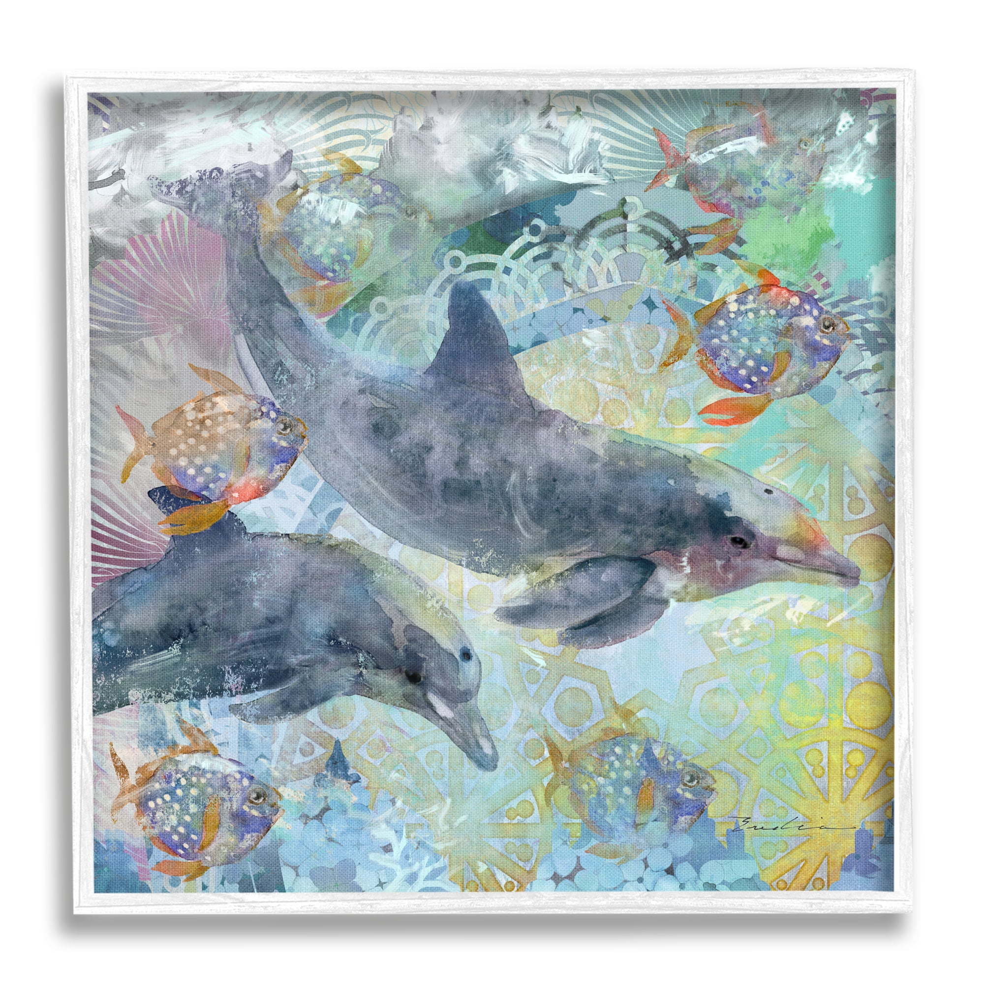 Stupell Dolphins & Fish Aquatic Fractals Landscape Painting White Framed Art Print Wall Art