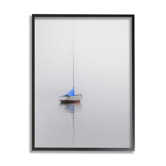 Stupell Drifting Boat Grey Ocean Reflection Landscape Photography Black Framed Art Print Wall Art