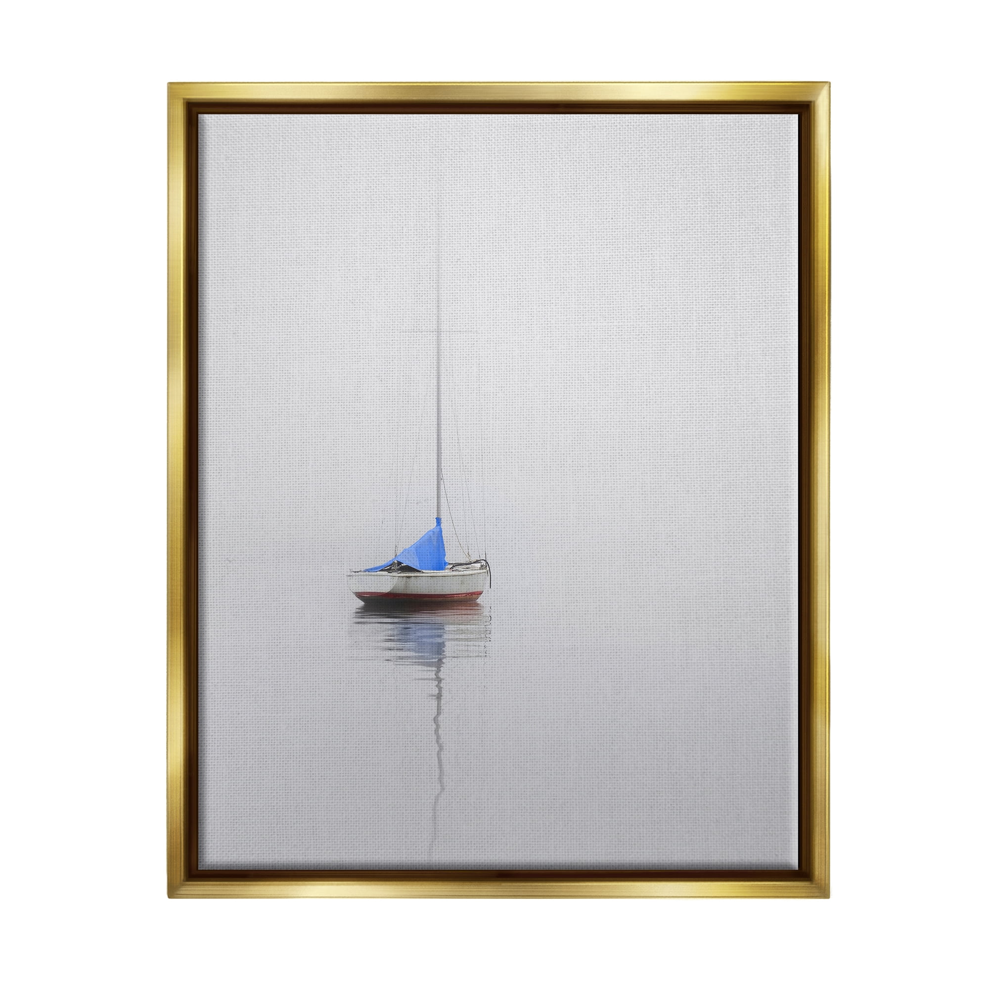 Stupell Drifting Boat Grey Ocean Reflection Landscape Photography Gold Floater Framed Art Print Wall Art