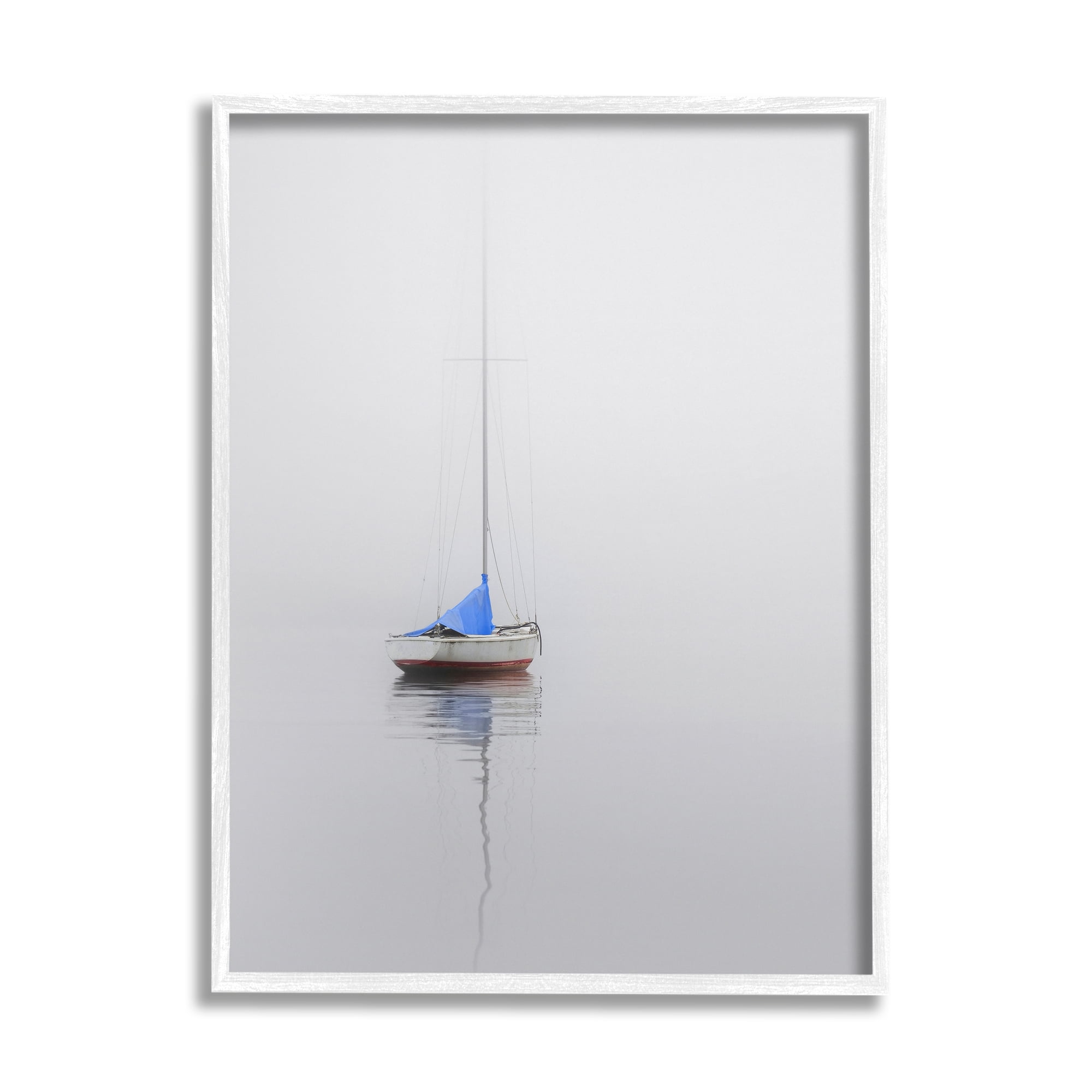 Stupell Drifting Boat Grey Ocean Reflection Landscape Photography White Framed Art Print Wall Art