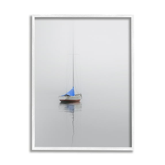 Stupell Drifting Boat Grey Ocean Reflection Landscape Photography White Framed Art Print Wall Art