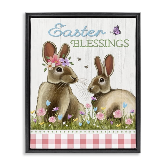 Easter Blessings Gingham Spring Bunnies Black Floating Frame Canvas Art, 25 x 31, By Elizabeth Tyndall
