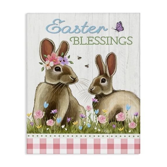 Easter Blessings Gingham Spring Bunnies Canvas Art, 30 x 40, By Elizabeth Tyndall