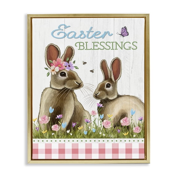Easter Blessings Gingham Spring Bunnies Gold Floating Frame Canvas Art, 25 x 31, By Elizabeth Tyndall