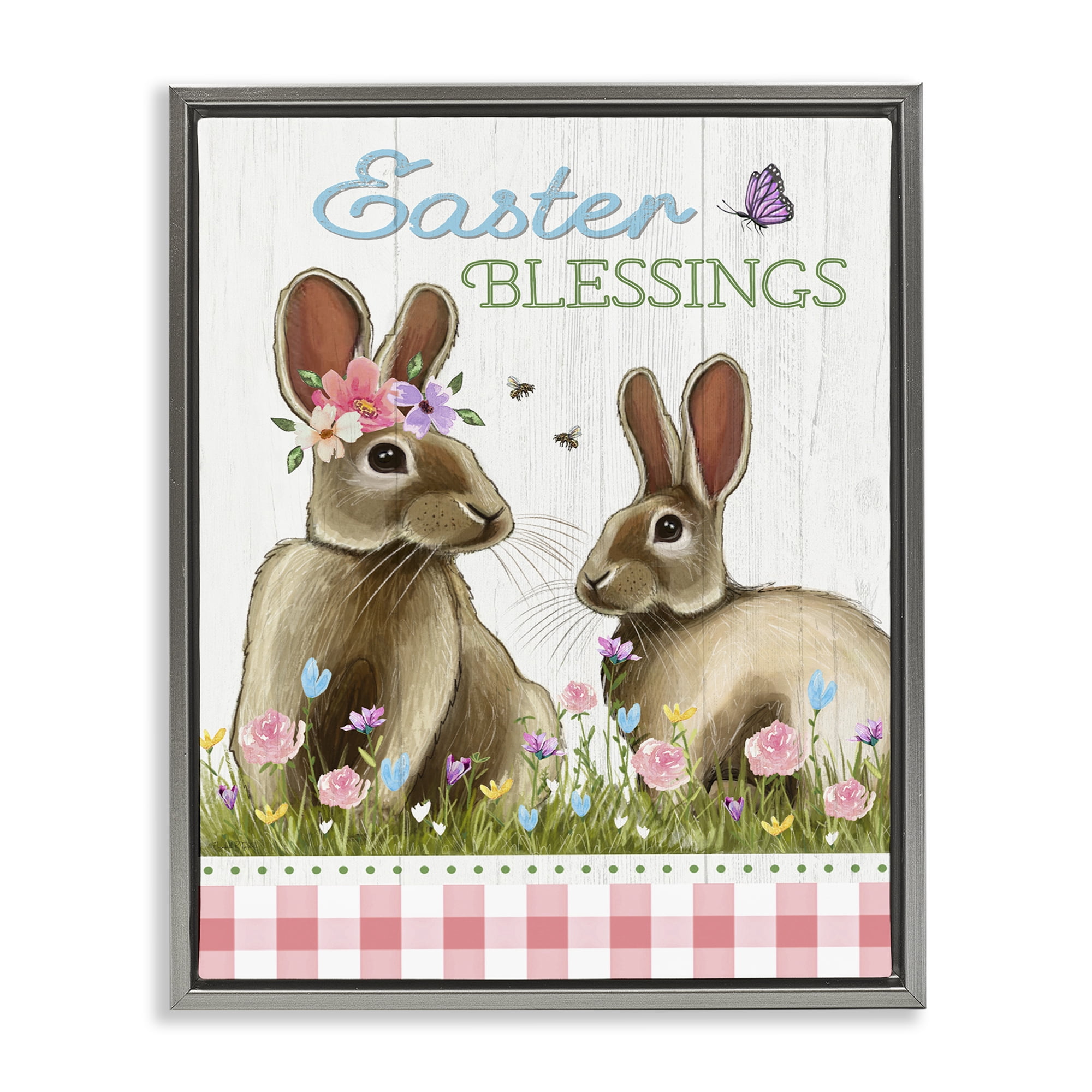 Easter Blessings Gingham Spring Bunnies Gray Floating Frame Canvas Art, 17 x 21, By Elizabeth Tyndall