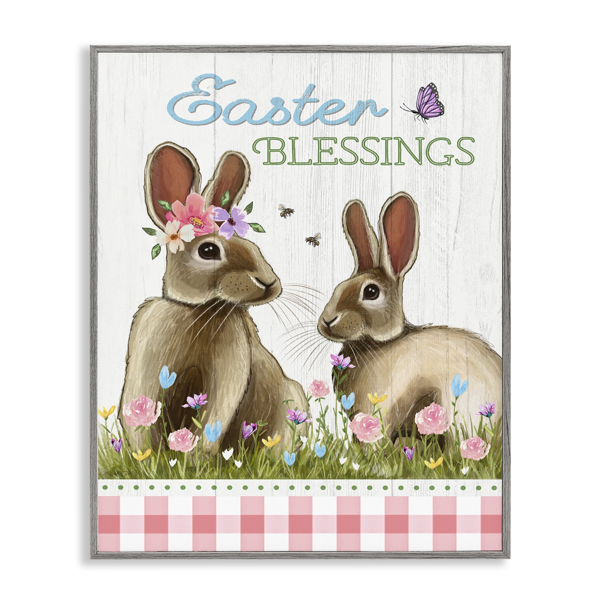 Easter Blessings Gingham Spring Bunnies Gray Framed Giclee Art, 11 x 14, By Elizabeth Tyndall